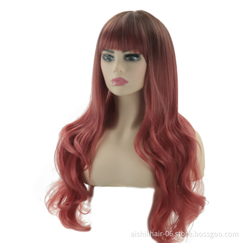 aishili wholesale long wave hair 26inch omber pink color synthetic hair wigs for women